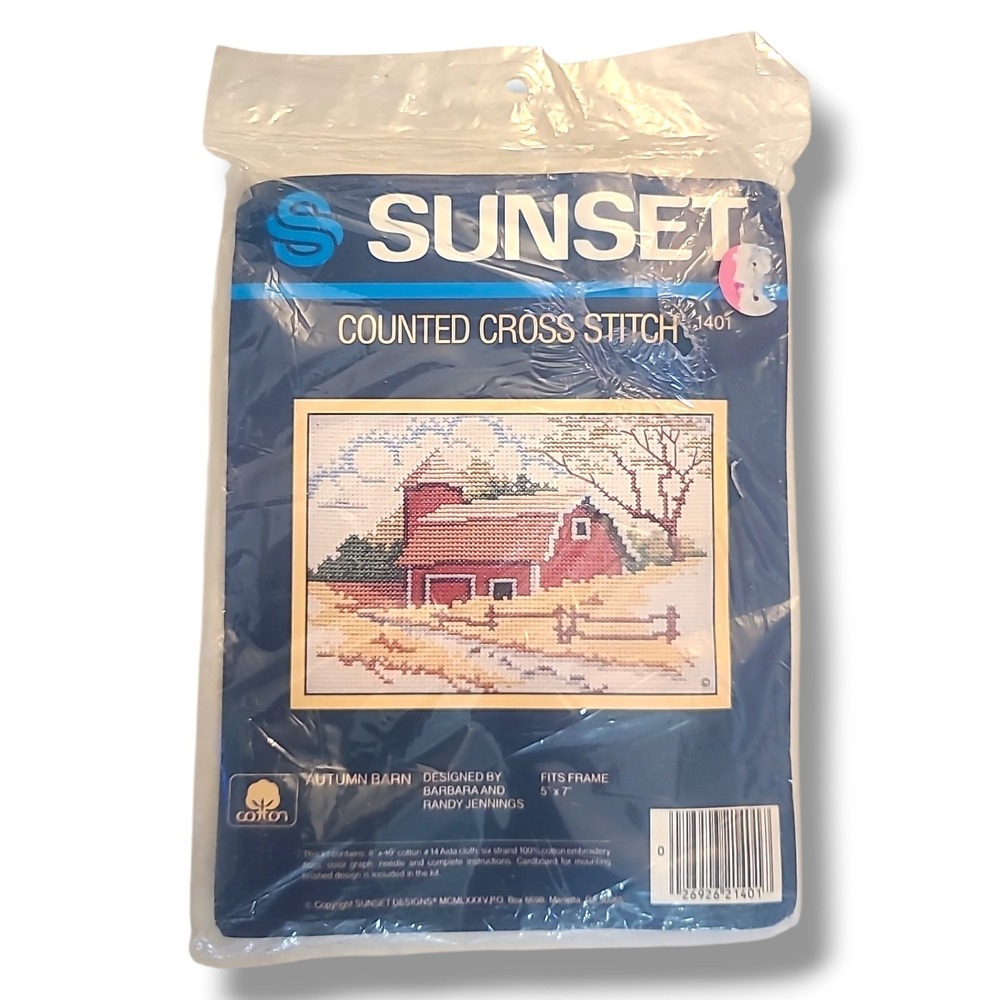 Vintage‎ Sunset Counted Cross Stitch Kit Autumn Barn NOS 5x7 Barbara Jennings